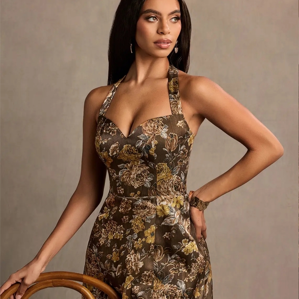 Azazie Brown Floral Halter Backless Dress